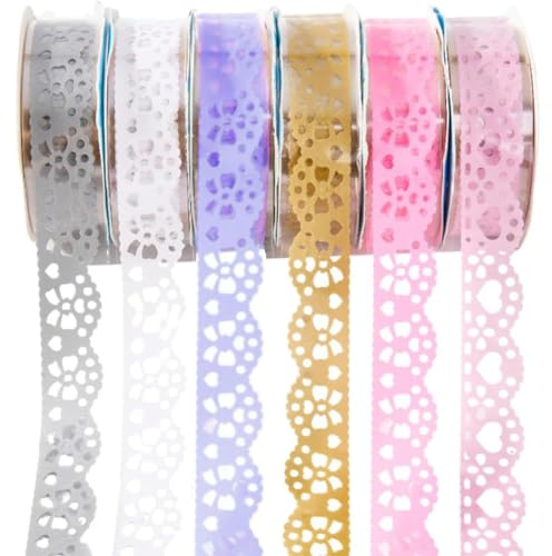 SOFPLATE 6 rullar spets scrapbooking tejp självhäftande spetsband ihåligt dekorativt klibbig washi maskering klistermärke tejp fotoram rulle band för scrapbook hantverk korttillverkning planerare