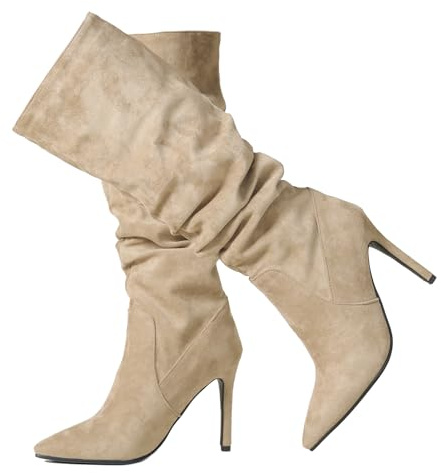 Ceciloroda Femmes's Knee Bottes Hautes Khaki Slouchy Ruched Wide Calf Fall Chaussures Bout Pointu Pull On Dressy Bottes Stiletto Confort Size 35