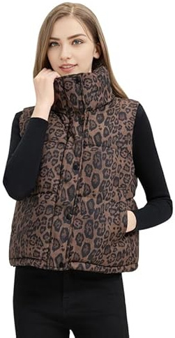 Runstarshow Womens Puffer Vest Leopard Print Quilted Gilet Zip Up Stand Collar Sleeveless Padded Jacket with Pockets Warm Casual Autumn Winter Body Warmer UK Size 8-20 (M-XXL)