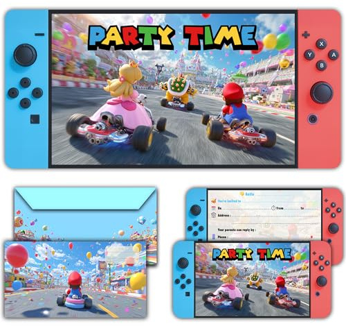 Glowiibo 12 biglietti d'invito di compleanno per Mario Switch Kart con buste abbinate, per bambini, ragazzi e ragazzi e inviti precompilati in inglese per festa di compleanno o celebrazione