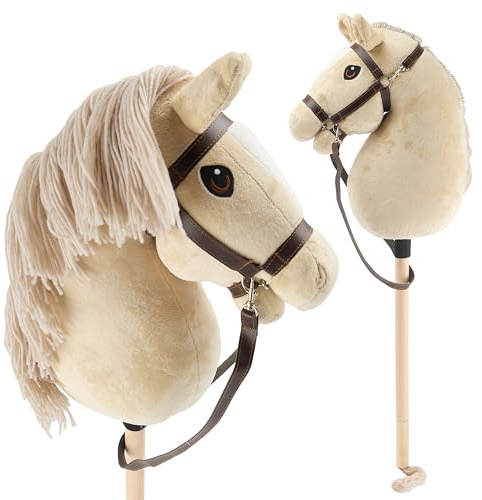 Bieco Caballo de Juguete Beige - Tamaño M, con Brida | Barra y Cola Desmontables, para Salto, Doma y Juego | Caballo de Juguete