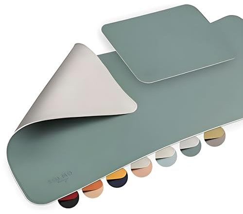 sølmo I Schreibtischunterlage groß Petrol, Tischunterlage I 85x40cm aus PU-Leder I Schreibunterlage Kinder Büro abwischbar I mit Extra Mauspad XXL, doppelseitig (Petrol/Grau)