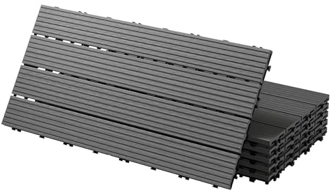 ECD Germany Dalles Terrasse Clipsables WPC 60x30 cm/18 pièces=3m² Anthracite Strié Aspect Bois Panneaux avec Système à Clic et Drainage Revêtement de Sol Carrelage Lames Patio Jardin Extérieur