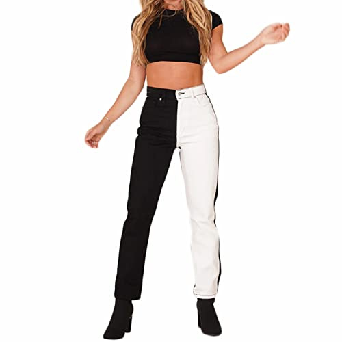 Jeans da donna a vita alta bicolore a blocchi di colore gamba dritta pantaloni in denim elasticizzati alla moda jeans patchwork, Nero, Bianco, M