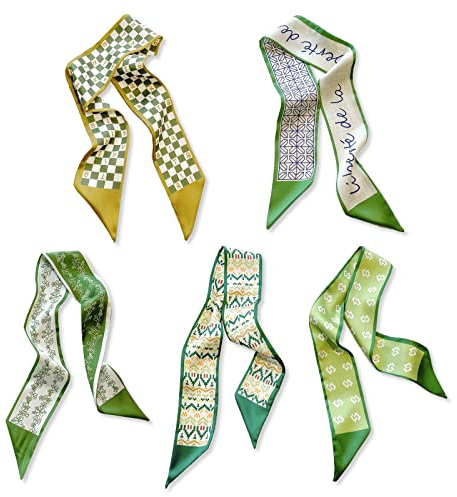 LumiSyne 5 Stück Seidenschal Damen Mädchen Skinny Schal Blume Gedruckt Geometrisch Karierte Muster Frischer Süßer Stil Satin Krawatte Schal Schmaler Lange Halstuch Kopfschmuck Griff Wrap Ribbon