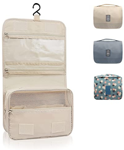 Trousse de toilette à suspendre, trousse de toilette pliable pour cosmétiques, trousse de voyage pliable avec poignée de transport, trousse de toilette pour hommes et femmes, beige, L