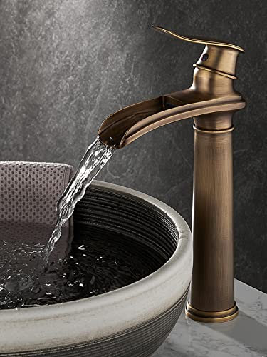 SJQKA Waschtisch Armatur Wasserfall Schwarz, Waschtischarmatur Hoch Retro, Hoch Wasserhahn Wasserfall Bad,mischbatterie Bad Wasserfall (Retro Bronze-hoch)