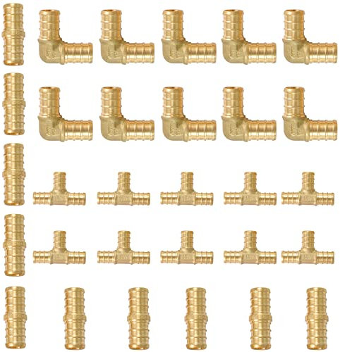 GUOFIS (Pack of 30) 1/2 PEX Fittings,90 Degree Elbow (10 PCS) + Tee (10 PCS) + Straight Coupling (10 PCS),Pex Brass Crimp Fitting Combo for PEX Pipe Tubing Connection,ASTM F1807