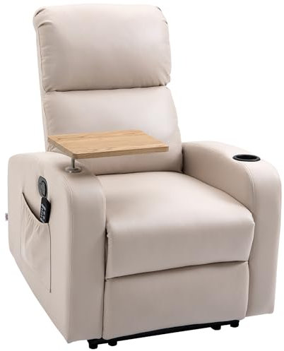 HOMCOM Relaxsessel mit Massagefunktion, Fernsehsessel mit Liegefunktion, Drehbarem Tisch, Massagesessel, Ruhesessel mit Fernbedienung, Feder, Seitentasche und Becherhalter, Mikrofaser, Beige