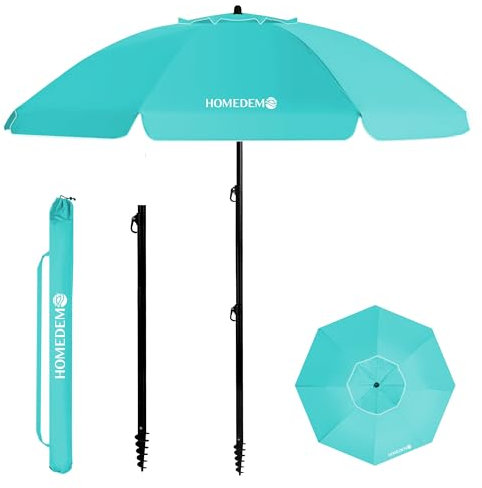 HOMEDEMO Parasol Plage Inclinable Portable et Pliable, Protection Solaire UV50+, avec Pied d'Ancrage à Visser & Housse de Protection, pour Terrasse, Piscine, Marché, Campings, 217cm, Turquoise