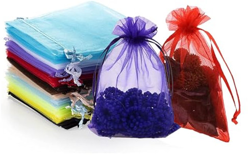 Leylve 100 Stück Organzasäckchen, Organzabeutel, 10 x 15 cm, Geschenkbeutel, Schmuckbeutel, Hochzeit-Säckchen, Lavendelsäckchen-Säckchen, Hochzeitsbevorzugung, Festivalparty, Satin-Kordelzug(Bunt)