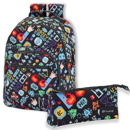 Mochila Escolar Junto a Estuche Escolar, Mochila Adaptable a Carro, Gran Capacidad y Doble Cremallera, Mochila con Funda para Portátil, con Bolsillo Frontal y Bolsillo Lateral (Mochila + Estuche bit)