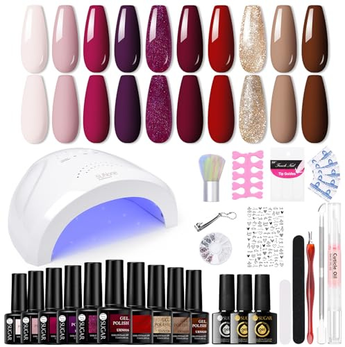 UR SUGAR UV Nagellack Set mit UV Lampe 48W, Gel Nagellack Starterset Nagellacks Starterset mit Base und Top Matte Coat lila Kaffeefarbe Gelnägel Braun Gellack Nägel Nagelstudio Set