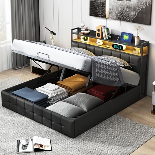 YYXLDYNB Dubbelsäng 140 x 200 cm, sängram med LED-belysning och USB-laddning, vuxensäng med förvaring, bagagesäng med 4 lådor, ungdomssäng med ribbotten, utan madrasser, PU, svart