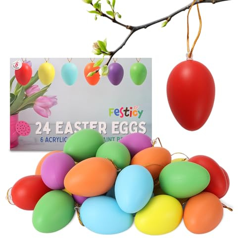 Festicy Uova di Pasqua Decorative in Plastica I Set 24 Pezzi Pre-Colorate con 2 Pennelli e Colori Acrilici I Lavoretti Pasqua Bambini I Caccia alle Uova I Uova di Pasqua da Appendere E Personalizzare