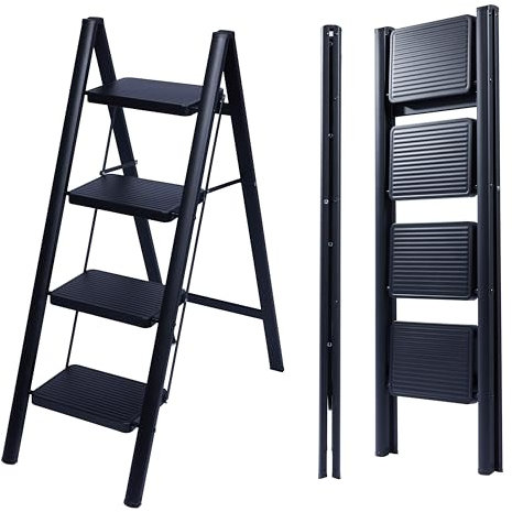 UZIRO Escalera Plegable 4 Peldaños, Escaleras Decorativa, Peldaños Anchos Antideslizantes, Ideal para Uso en Hogar, Cocina y Oficina, Fácil de Guardar y Transportar, Resistente (Negro, 4 Peldaños)