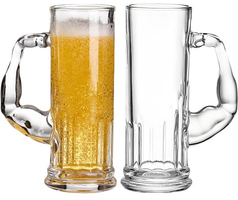SilverChry Boccale da birra in vetro con manico a braccio muscolare, boccale da birra con manico, design vintage, 570 ml