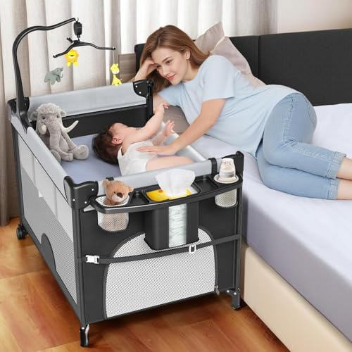 Fdlscpem 5 In 1 Reisebett Babybett 100x70cm, Faltbar Einhand Setup-Reisebett mit Matratze, Wechseltabelle, Musikkiste, Spielzeug, Tragenbeutel, Super Starke Tragkraft Kinder Reisebetten für Neugeboren