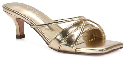 ESSEX GLAM Women's Low Kitten Heel Sandals Ladies Strappy Gold Metallic Slip On Mule Open Toe Slide Shoes Size 3