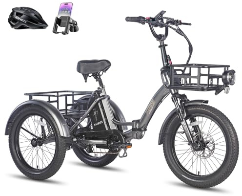 Fafrees F20 Mate ebike klapprad Dreirad 20 * 3.0 Zoll, E-Dreirad für Erwachsene 48V 18.2Ah Akku, e-Bike 3 Rad 25km/h, Lastenfahrrad für senioren Reichweite 55-110Km (Vorderkorb + Kleiner Korb, Grau)