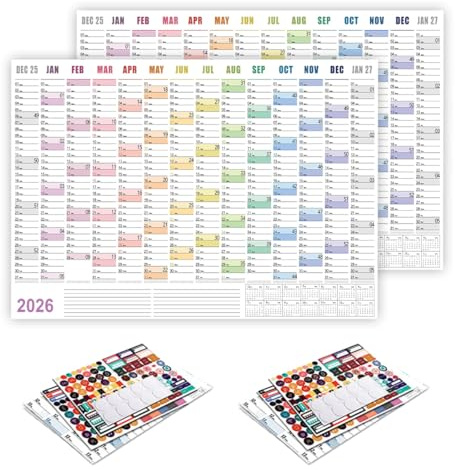 JUGUTA Calendrier Mural 2026, 2 Pièces Format 74X52 Cm Couleur, Planning Annuel Avec Semaines Et Jours Fériés Pour Bureau, Famille Et École