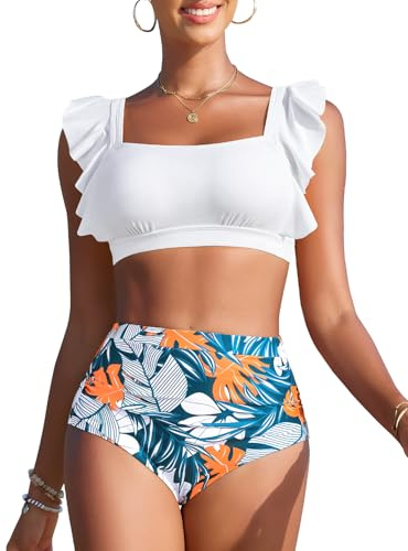 Vijamiy Costume Donna Due Pezzi Vita Alta Bikini Push-up con Scollo Quadrato Costumi da Bagno Piscina e da Spiaggia da Eleganti Dettagli con Volant(Stampa Bianca,S)