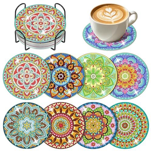 Fountor Mandala Diamond Art Coasters Kit with Holder, 8Pcs, 4x4 Inch | with Non Slip Cork Pads, Mandala Diamond Painting Coasters for Adults Beginners, DIY Relaxing Craft Kits for Home Decor Gift