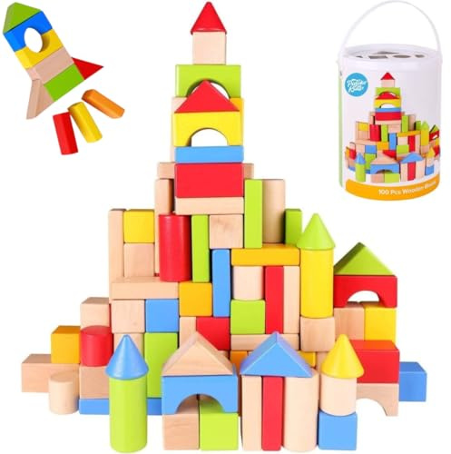 Pidoko Kids Building Blocks for Toddlers 1-3, 100 Pcs Wooden Blocks - Includes Storage Bucket and Shape Sorter Lid - Montessori Wood Block Gifts For Preschool Boys & Girls