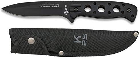 Cuchillo K25 Supervivencia Funda Hoja 12 cm para Caza, Pesca, Camping, Outdoor, Supervivencia y Bushcraft K25 31574 + Portabotellas de regalo