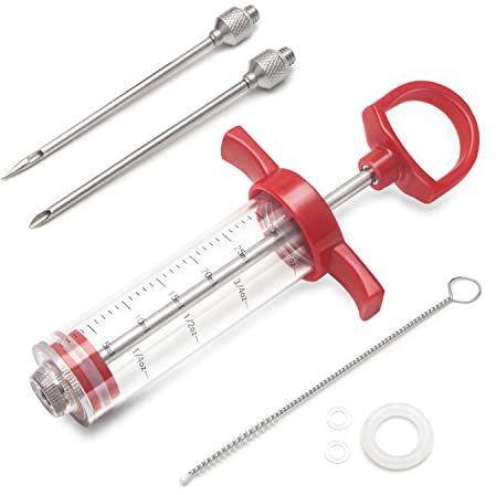 Meat Injector, Plastic Marinade Turkey Injector Syringe with Screw-on Meat Needle for Smoker BBQ Grill, 1-oz, Red, Recipe