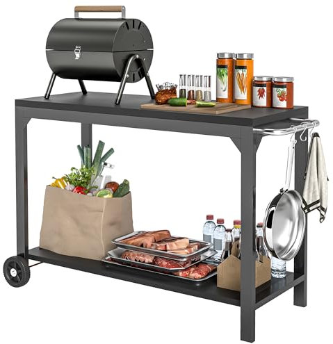 HOMCOM Desserte de Jardin en Acier Desserte pour plancha Chariot de Service à roulettes Desserte extérieure à roulettes avec Plan de Travail dim. 135L x 55l x 86,5H cm Noir