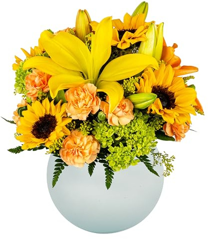 Sunny Day in Opal Vase | Fresh Sunflowers, Yellow Aquabloom Arrangement | Arabella Bouquets | Flowers for Delivery, Graduation, Birthday, Congratulations, Thanksgiving