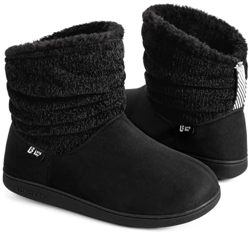LongBay Ladies' Warm Chenille Knit Bootie Slippers Women's Comfy Suedette Fluffy Faux Fur Memory Foam Boots House Shoes(7-8 UK,Black)