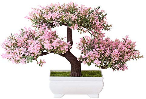 Artificial Flower Pine Tree Plant in Pot Faux Bonsai Flower with Vase Potted Fake Plants Artificial Plastic Plants for Wedding Party Garden Home Office Desk Room Decoration Indoor Outdoor Pink