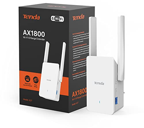 Tenda A27 Repetidor WiFi 6 AX1800, Amplificador de Red WiFi y Extensor, 2.4 GHz y 5 GHz, Velocidad Doble Banda, Puerto Gigabit, Antenas 2 * 5dBi, Luz Señal Inteligente, Botón WPS, Punto de Acceso