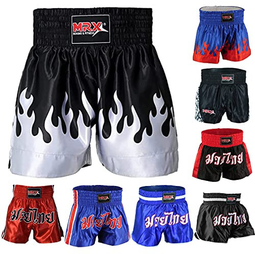 MRX Boxshorts für Herren, Training, Kampf, Muay Thai-Shorts, Boxen, MMA, BJJ, kurze Kickboxhose, Kleidung, Schwarz/silberfarbene Flamme, L Kurze