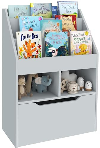 HOMCOM Estantería Infantil de Madera con 3 Compartimentos 2 Cubos y Cajón Móvil con 4 Ruedas Librería Infantil para Habitación de Niños Sala de Juegos 60x29,9x90 cm Gris