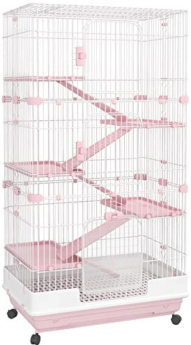PawHut 6-Level Small Animal Cage, Indoor Bunny House, for Ferrets, Chinchillas w/Wheels, Slide-Out Tray, Pink, 81 x 52.5 x 159 cm