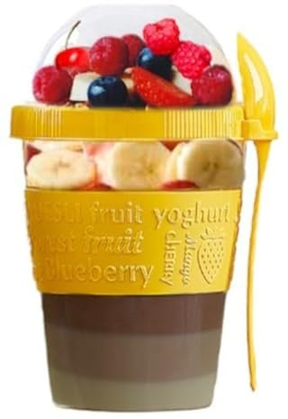4All Reusable Yogurt Pots 600ml With Spoon Cereal Storage Containers With Lid Airtight Overnight Oats Jar BPA Free Breakfast Cup Cereal On The Go Dishwasher Safe (Yellow)
