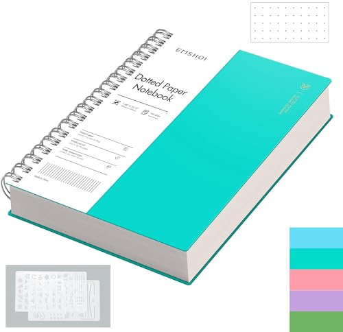EMSHOI B5 Notebook, Spiral Dotted Journal, 300 Pages, PVC Cover, Light Blue | 100GSM Paper, Flexible Plastic Cover, Notepad with Journaling Stencils, Pocket, Pen Loop, Bookmark Ruler, 19 x 25.8cm