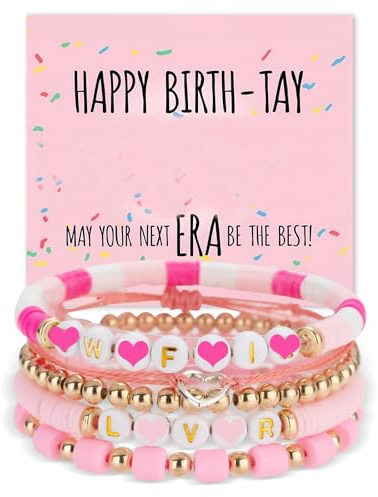 FUNTE Pink Friendship Bracelet 5pcs Bracelets With Birthday Card Lover Bracelets, Bracelets Set Jewelry Gifts for Women Girls