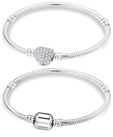 Herz Snake Charm-Armband, Schlangen Gliederarmband, Silber Armband für Charms, Silber Schlangen Armbänder, 2 Stück Armbänder mit Herz Verschluss, 17/18/19CM
