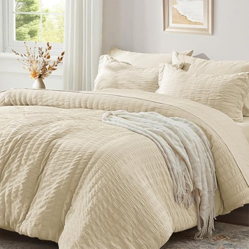 Seersucker Ropa de cama de 155 x 220 cm, color beige y caqui, a rayas, para verano, reversible, microfibra, transpirable, ligera, funda nórdica de 155 x 220 cm, para cama individual y fundas de