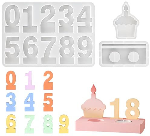 DONQL 3Pcs Moldes Velas de Silicona con Números, Moldes Silicona para Portavelas, Molde Velas de Fundición, Moldes Velas Pastel y Números DIY 0-9, Candelabro Molde de Silicona para Cumpleaños