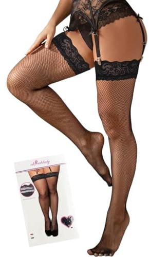 ohyeahlady Bas pour Porte-jarretelles Femme Dentelle Bas Résille Autofixant Grande Taille avec Silicone Antidérapant Collant Porte Jarretelle Resille Tenue Hot Lingerie (3XL-5XL,Noir)