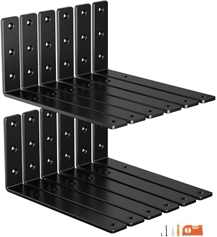 NEODROP 12-Pack 12 Inch Heavy Duty Shelf Brackets, Premium Floating L Bracket for Wall, Kitchen, Mantel Shelves Support | Quarter Inch (1/4) Thick | Black Powder Coated Steel