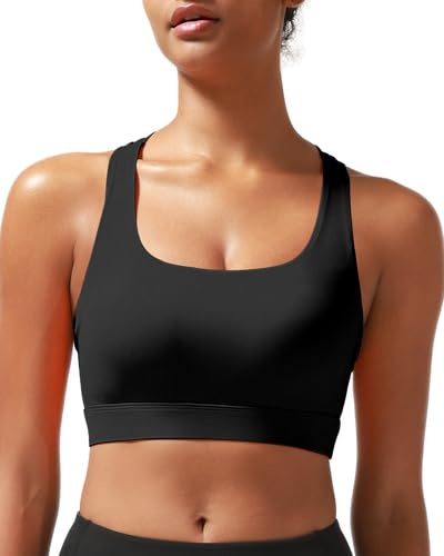 RUNNING GIRL High Impact Sports Bras for Women - Scoop Neck Strappy Sports Bra High Support Moulded Cup Workout Bra(WX3022 Black L)