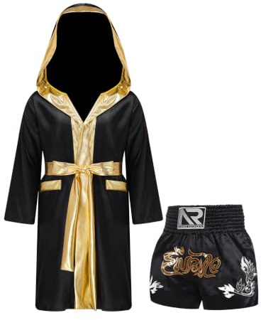 ranrann Barn pojke outfit boxning kamprock boxning huvtröja och shorts boxning Muay Thai kickboxning MMA, svart, 9-10 ans
