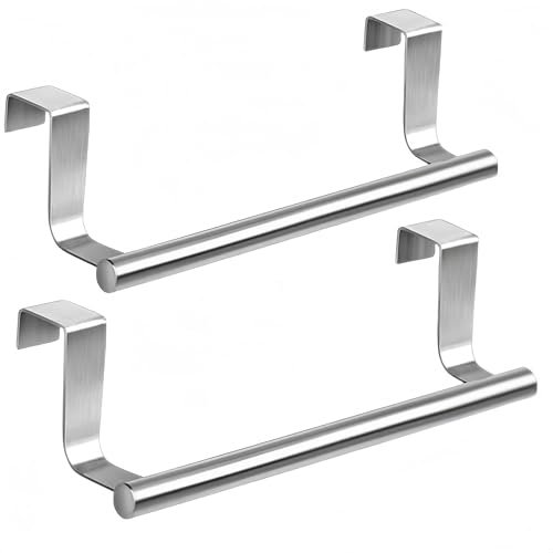 2 Pezzi Porta Asciugamani da Appendere Alle Anta,Porta Strofinacci con Strisce Antigraffio, Appendini Strofinacci Cucina Senza Forare, Acciaio inossidabile, Argento,per Cucina e Bagno