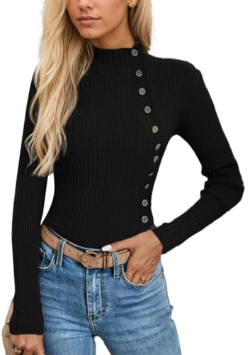 EMOTTOS Maglione a Maglia Donna, Maglia Leggera con Bottone Laterale, Maglione Pullover con Scollo Mezzo Alto, Maglietta Costine Vintage Casual a Strisce per Donna, Nero, XL